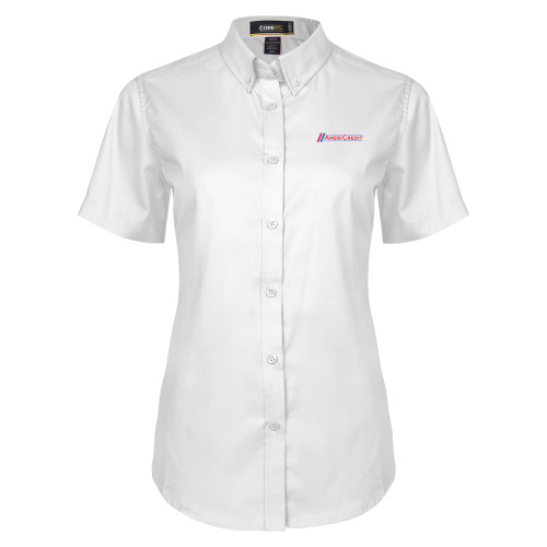 Womens White Twill Button Up Short Sleeve-AmeriCredit