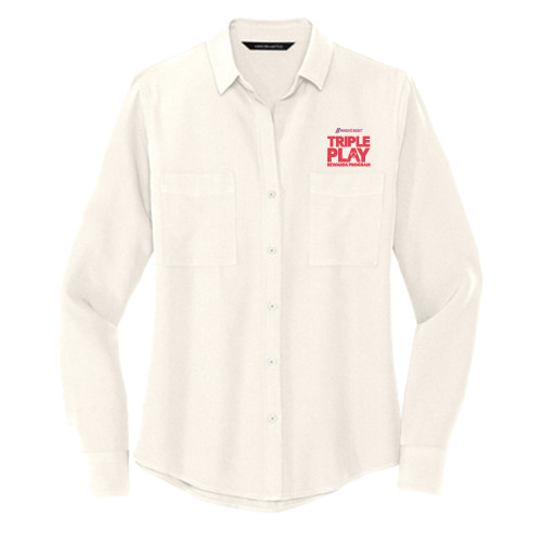 Mercer + Mettle Womens Ivory Crepe Long Sleeve Camp Blouse-Triple Play Stacked