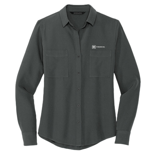 Mercer + Mettle Womens Grey Crepe Long Sleeve Camp Blouse-GM Financial Horizontal