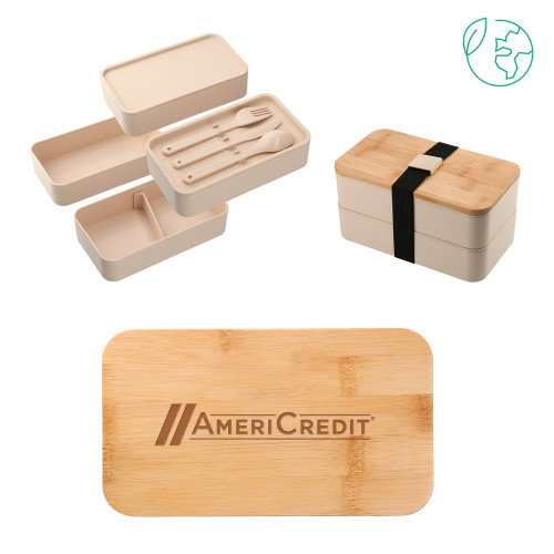 Stackable Bamboo Fiber Beige Bento Box-AmeriCredit Engraved