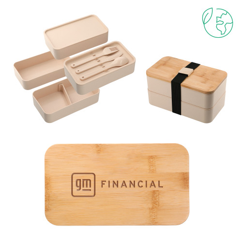 Stackable Bamboo Fiber Beige Bento Box-GM Financial Horizontal Engraved