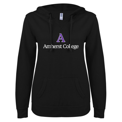  ENZA Womens Black V Notch Raw Edge Fleece Hoodie - A Amherst College