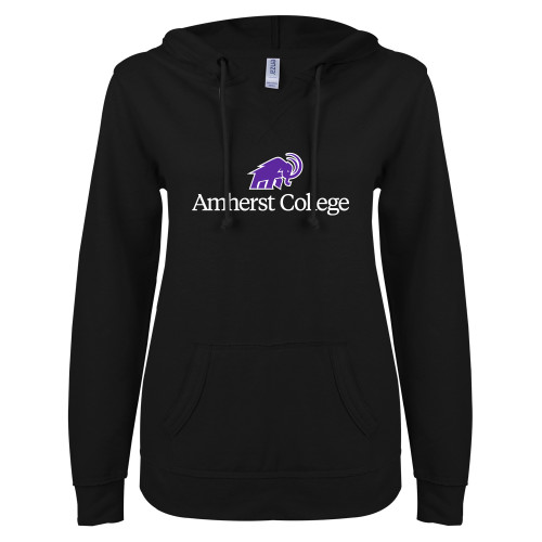  ENZA Womens Black V Notch Raw Edge Fleece Hoodie - Mammoth Amherst College