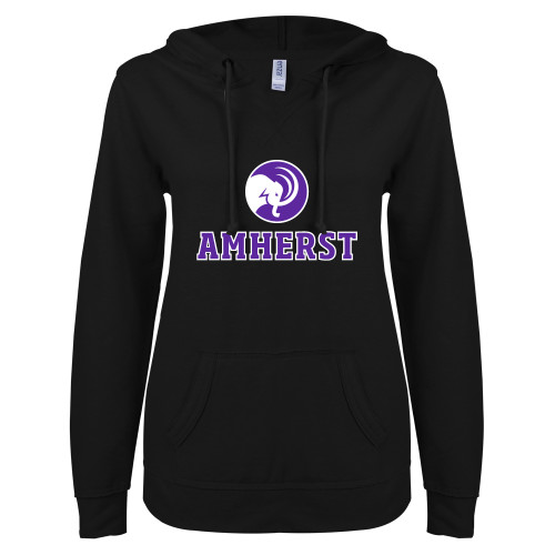  ENZA Womens Black V Notch Raw Edge Fleece Hoodie - Mammoth Head Amherst