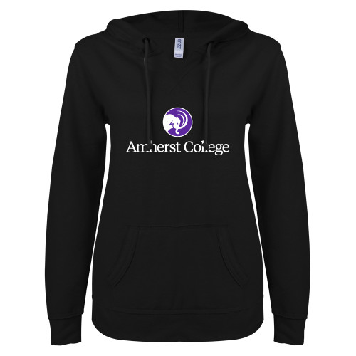  ENZA Womens Black V Notch Raw Edge Fleece Hoodie - Mammoth Head Amherst College