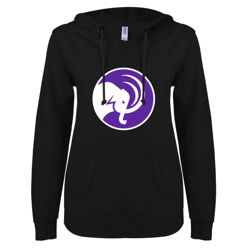  ENZA Womens Black V Notch Raw Edge Fleece Hoodie - Mammoth Head