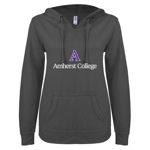  ENZA Womens Dark Heather V Notch Raw Edge Fleece Hoodie - A Amherst College