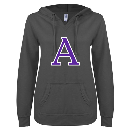  ENZA Womens Dark Heather V Notch Raw Edge Fleece Hoodie - Amherst Monogram A
