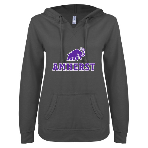  ENZA Womens Dark Heather V Notch Raw Edge Fleece Hoodie - Mammoth Amherst