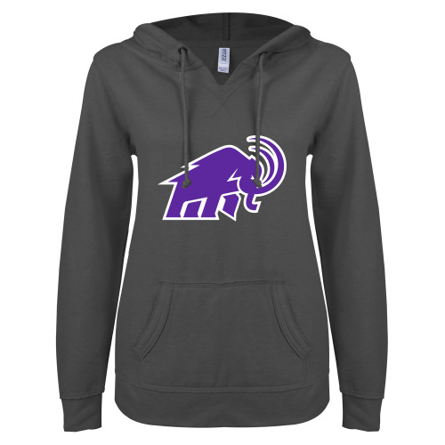  ENZA Womens Dark Heather V Notch Raw Edge Fleece Hoodie - Mammoth