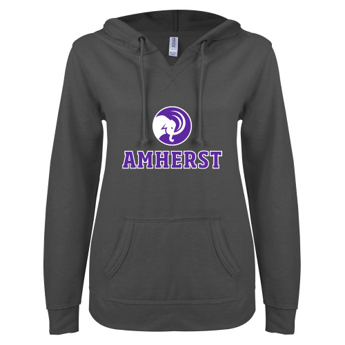  ENZA Womens Dark Heather V Notch Raw Edge Fleece Hoodie - Mammoth Head Amherst