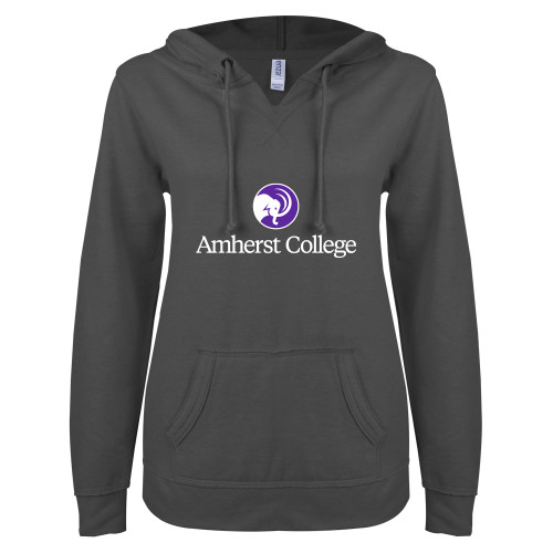  ENZA Womens Dark Heather V Notch Raw Edge Fleece Hoodie - Mammoth Head Amherst College