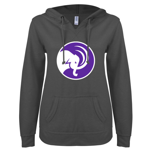  ENZA Womens Dark Heather V Notch Raw Edge Fleece Hoodie - Mammoth Head