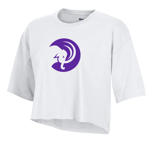  Champion Womens White Crop Tee - Amherst College Circle Mammoth
