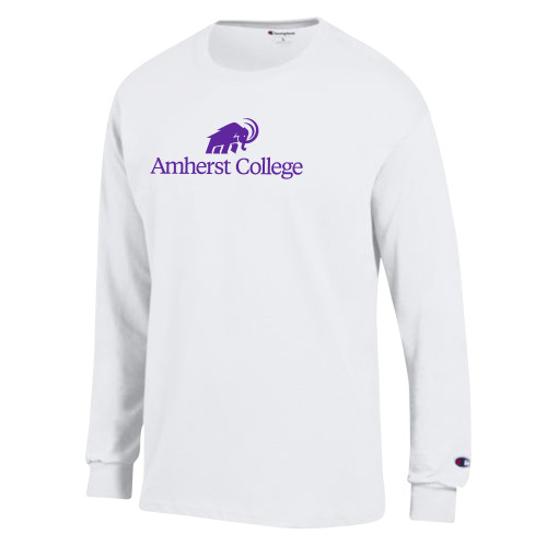  Champion White Long Sleeve T Shirt - Amherst College Mammoth Lock Up Centered