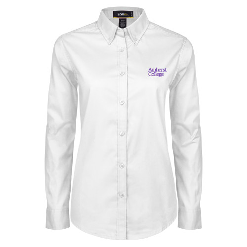  Womens White Twill Button Down Long Sleeve - Amherst College Wordmark