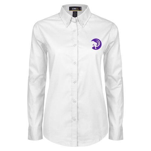  Womens White Twill Button Down Long Sleeve - Amherst College Mammoth Head