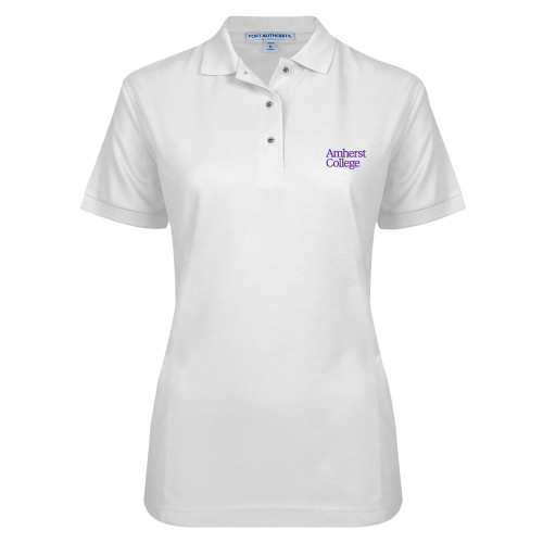  Womens Silk Touch White Pique Polo - Amherst College Wordmark
