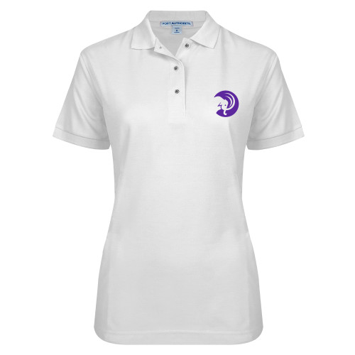  Womens Silk Touch White Pique Polo - Amherst College Mammoth Head