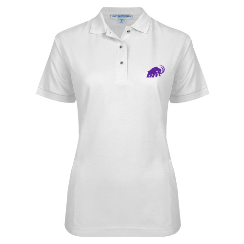  Womens Silk Touch White Pique Polo - Amherst College Mammoth