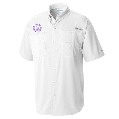  Columbia White Tamiami Performance Short Sleeve Shirt - Amherst Seal