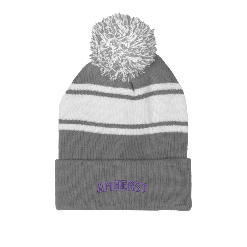  Grey/White Two Tone Knit Pom Beanie w/Cuff - Amherst Arched
