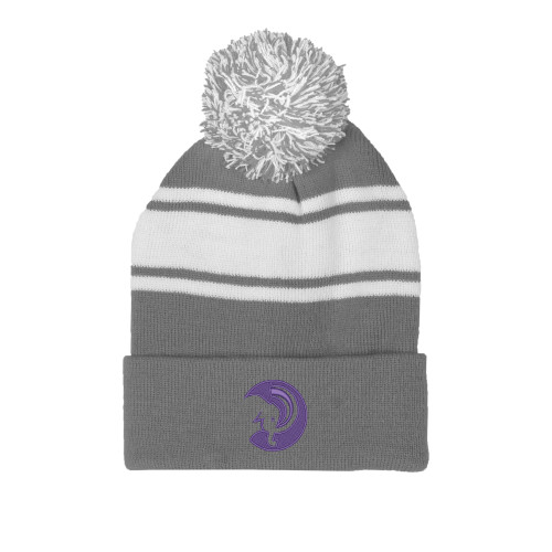  Grey/White Two Tone Knit Pom Beanie w/Cuff - Amherst College Mammoth Head