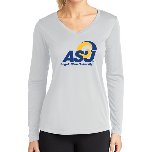  Womens White Performance Long Sleeve V Neck Shirt - Primary Mark