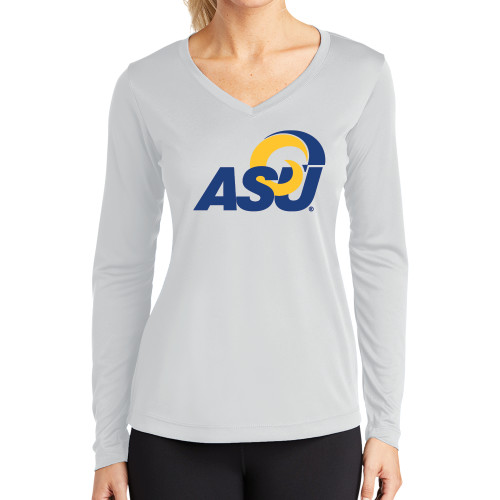  Womens White Performance Long Sleeve V Neck Shirt - ASU Logo