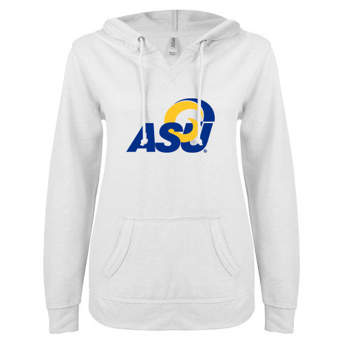 Angelo State ENZA Womens White V Notch Raw Edge Fleece Hoodie