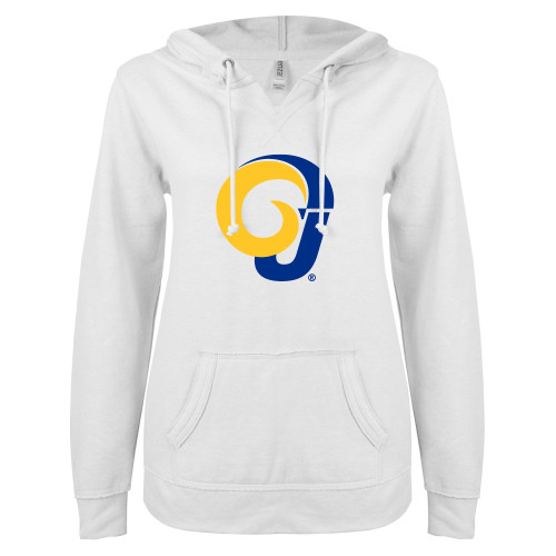  ENZA Womens White V Notch Raw Edge Fleece Hoodie - Ram Logo