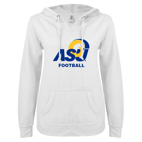  ENZA Womens White V Notch Raw Edge Fleece Hoodie - ASU Football
