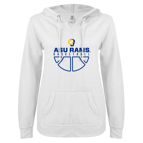  ENZA Womens White V Notch Raw Edge Fleece Hoodie - Rams Basketball Distressed