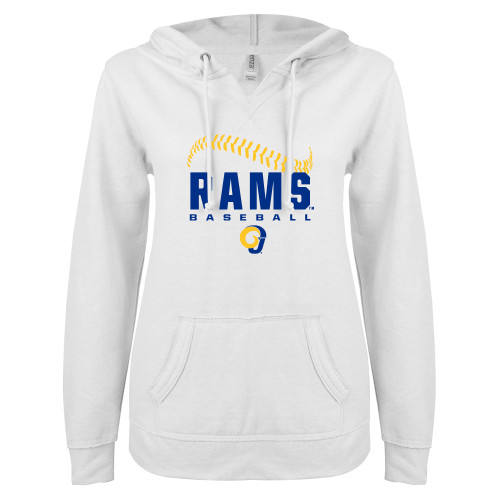  ENZA Womens White V Notch Raw Edge Fleece Hoodie - Rams Baseball Distressed