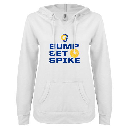  ENZA Womens White V Notch Raw Edge Fleece Hoodie - Rams Volleyball Distressed