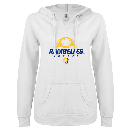  ENZA Womens White V Notch Raw Edge Fleece Hoodie - Rambelles Soccer Distressed