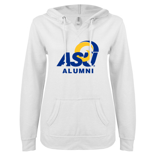  ENZA Womens White V Notch Raw Edge Fleece Hoodie - ASU Alumni
