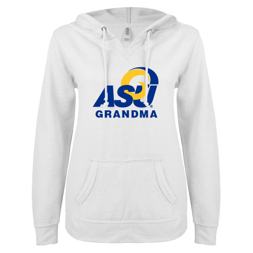  ENZA Womens White V Notch Raw Edge Fleece Hoodie - ASU Grandma