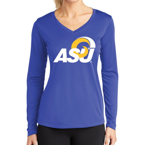 Womens Royal Performance Long Sleeve V Neck Shirt - ASU Logo