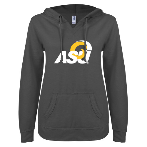 ENZA Womens Dark Heather V Notch Raw Edge Fleece Hoodie - ASU Logo