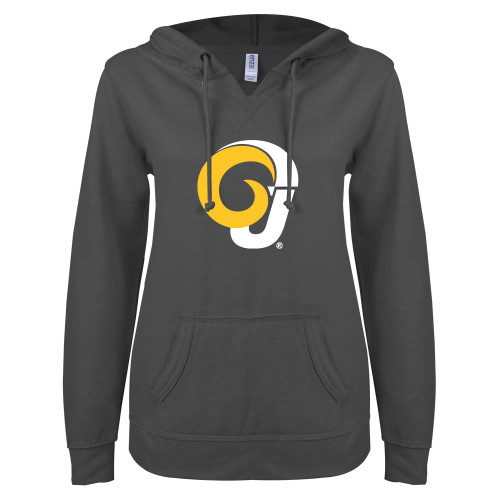  ENZA Womens Dark Heather V Notch Raw Edge Fleece Hoodie - Ram Logo