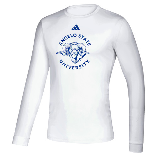  Adidas White Creator Performance Long Sleeve Tee - Angelo State University w/ Ram Head