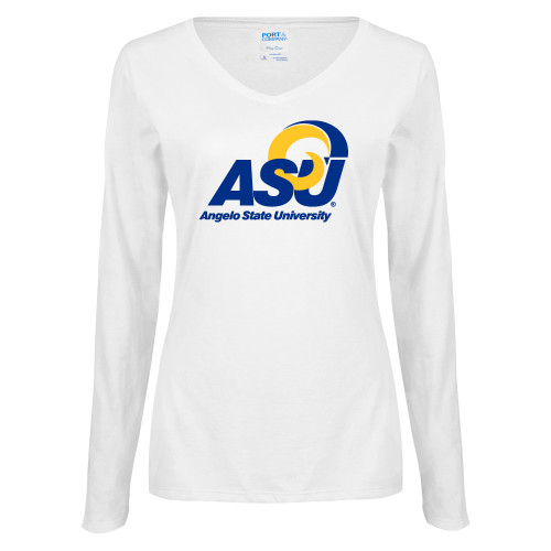 Womens White Long Sleeve V Neck Tee - Primary Mark