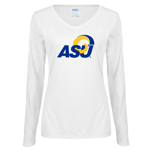  Womens White Long Sleeve V Neck Tee - ASU Logo