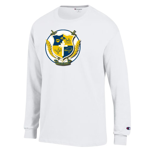Champion White Long Sleeve T Shirt-Shield with Circle Shadow
