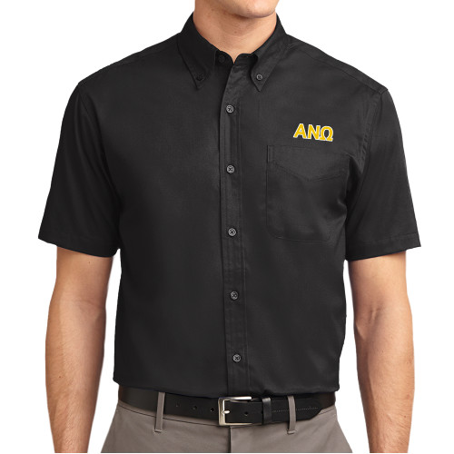 Black Twill Button Down Short Sleeve-Greek Letters