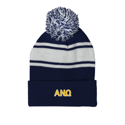 Navy/White Two Tone Knit Pom Beanie w/Cuff-Greek Letters