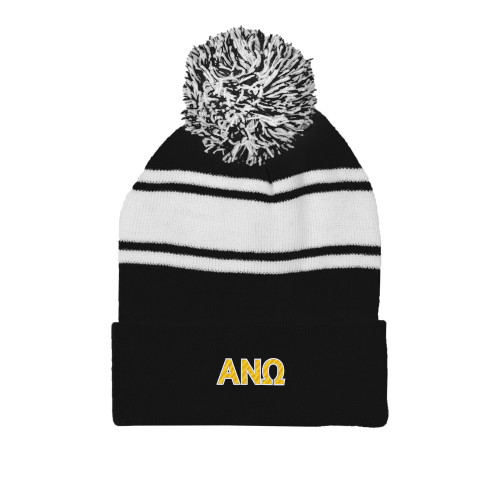 Black/White Two Tone Knit Pom Beanie w/Cuff-Greek Letters