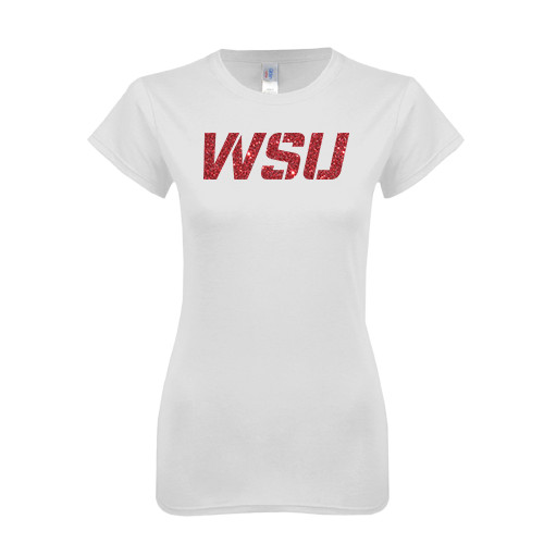 Next Level Womens White Boyfriend Tee-WSU Red Glitter