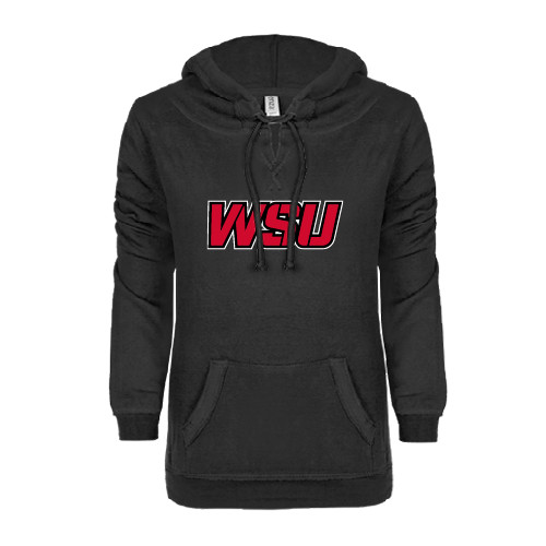 ENZA Womens Black V Notch Raw Edge Fleece Hoodie-WSU